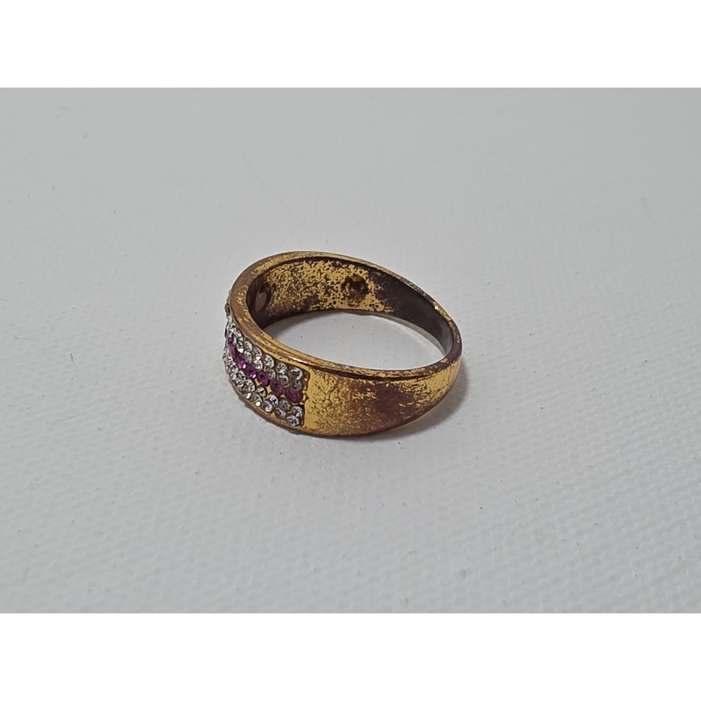 Vintage Gold Tone Pink and Clear Rhinestone Wide Band Ring Size 9 - Picture 7 of 8